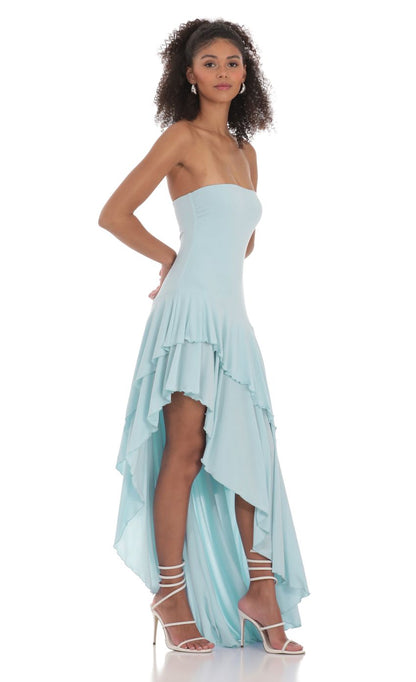 Lucy In The Sky Strapless Ruffle Asymmetrical Maxi Dress in Blue