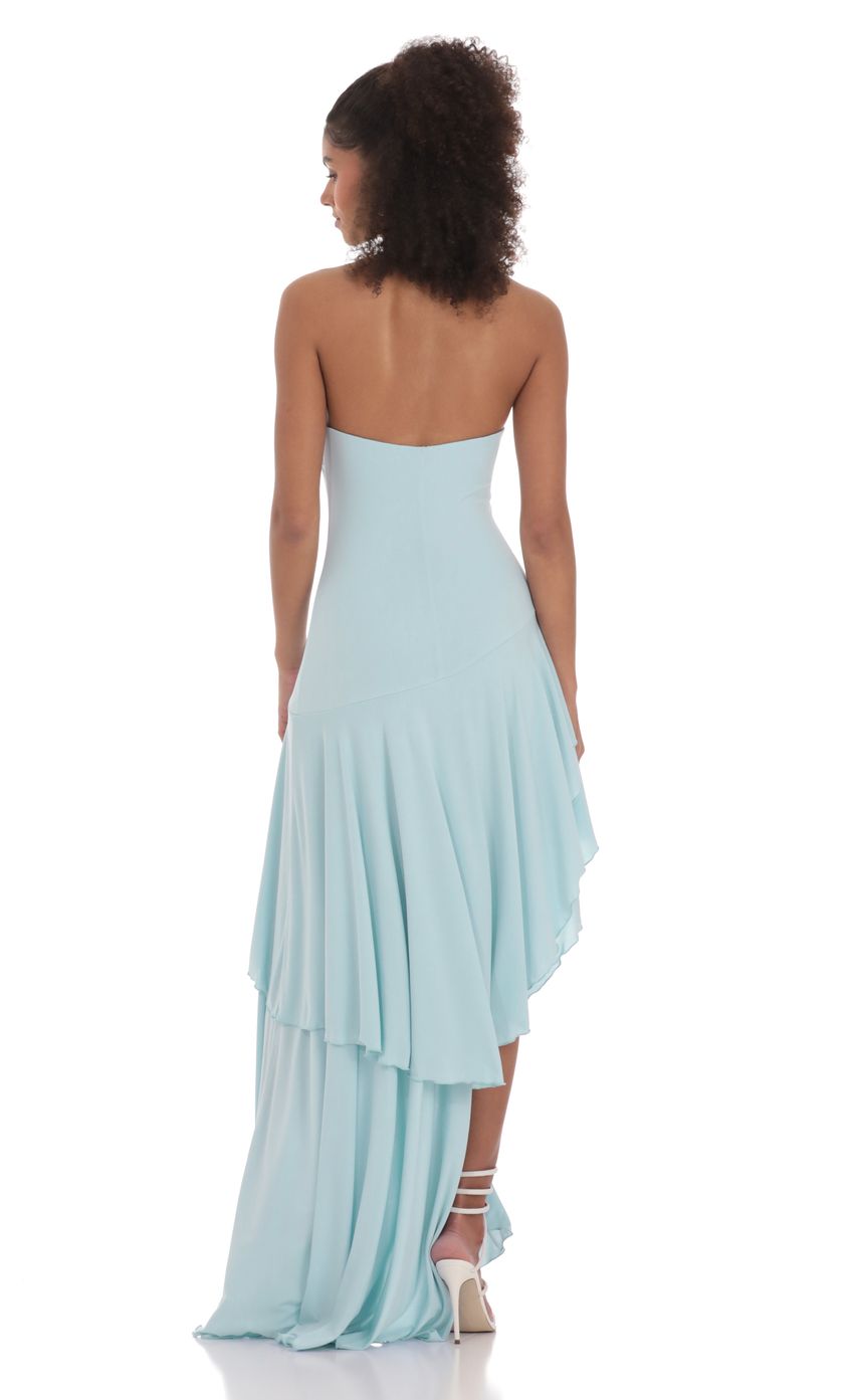 Lucy In The Sky Strapless Ruffle Asymmetrical Maxi Dress in Blue