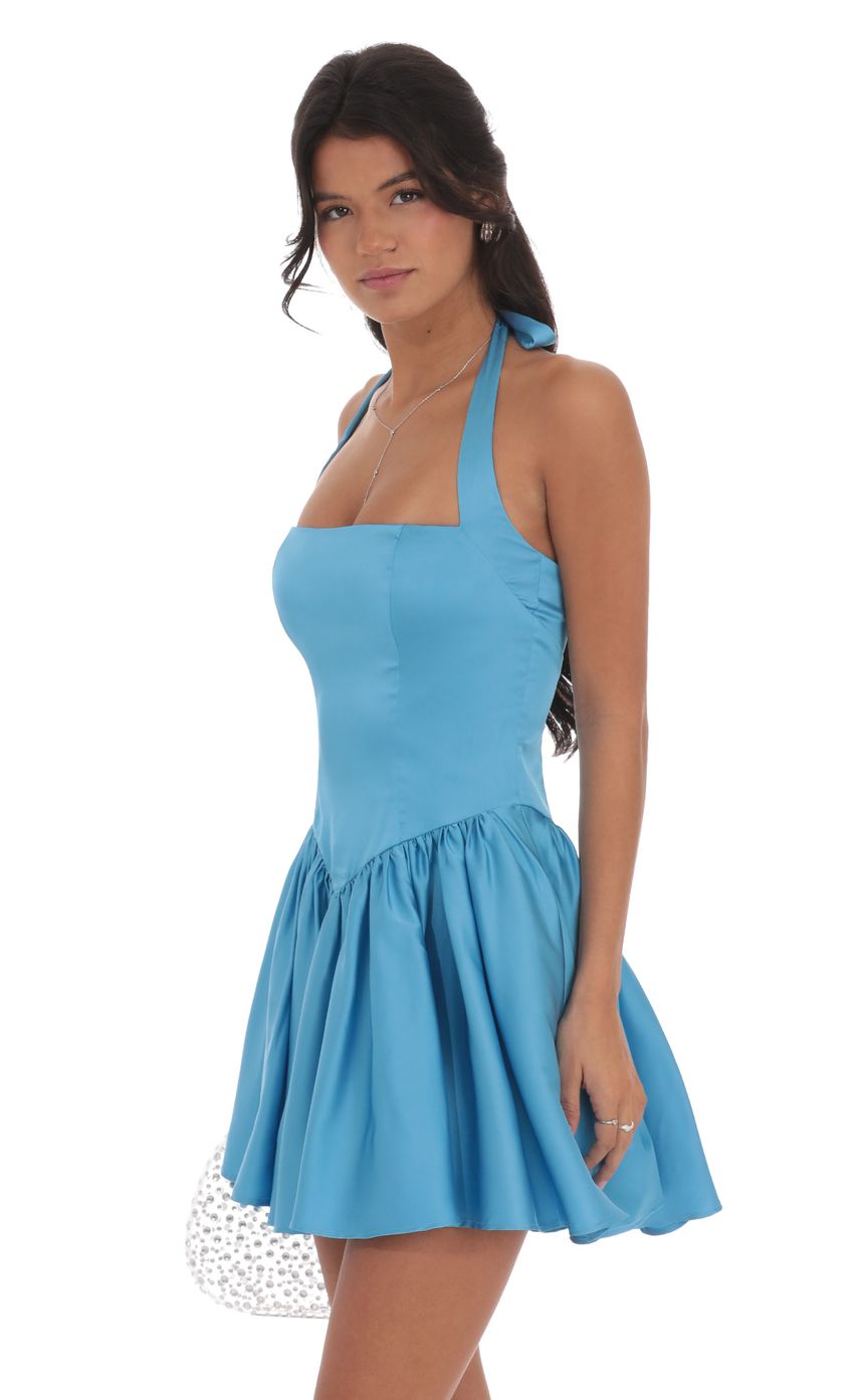Lucy In The Sky Satin Halter A-line Dress in Blue