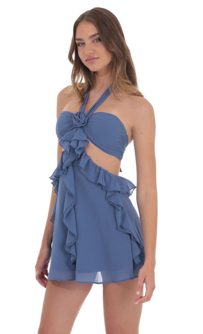 Lucy In The Sky Chiffon Cutout Ruffle Dress in Denim Blue
