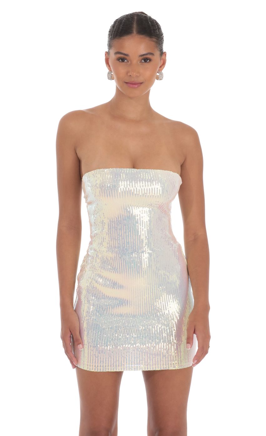 Lucy In The Sky Iridescent Seqiun Strapless Bodycon Dress in Cream