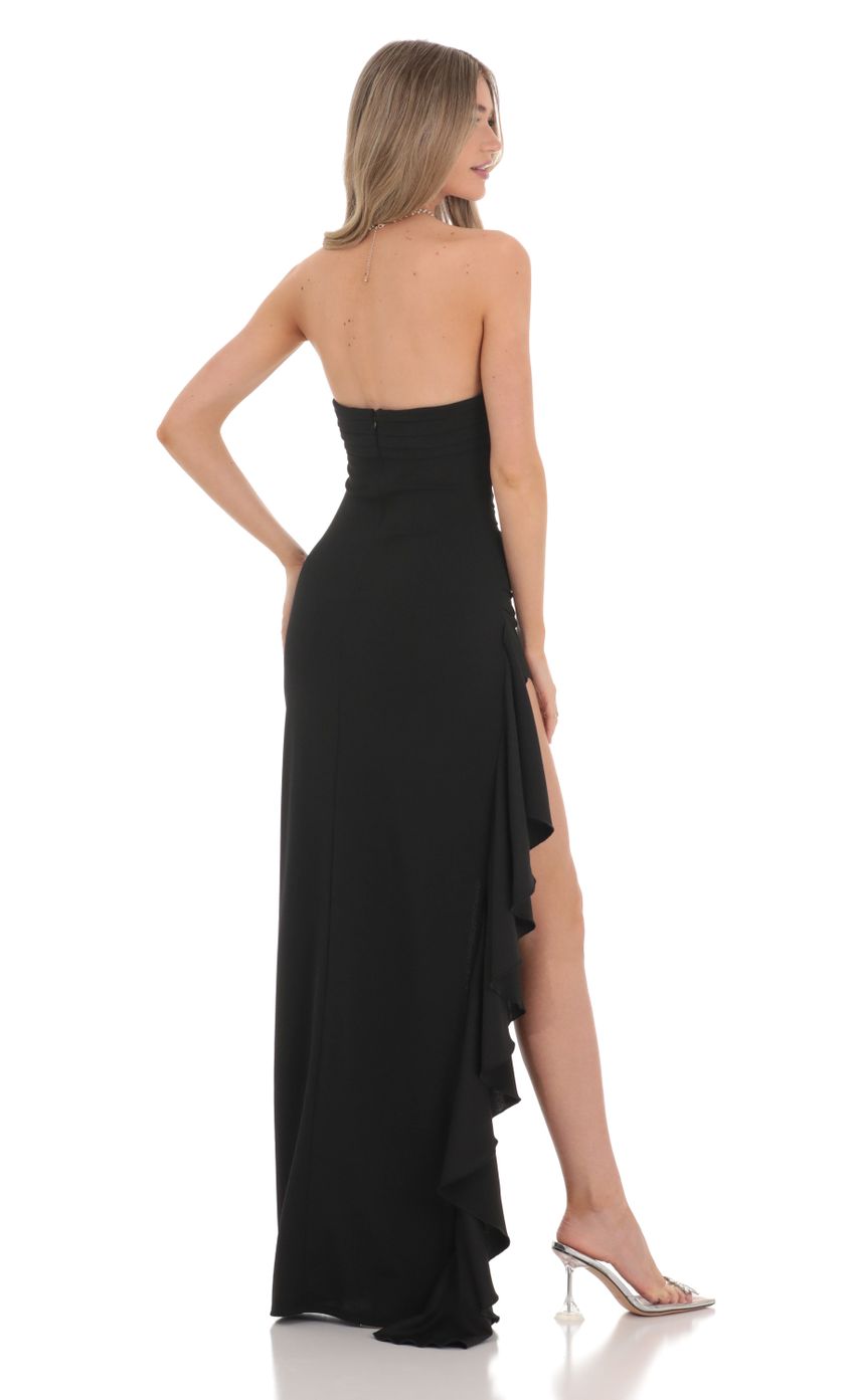 Lucy In The Sky Strapless Ruched Ruffle Maxi Dress in Black