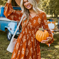 Cupshe Burnt Orange Floral Blouson Sleeve Smocked Waist Maxi Dress