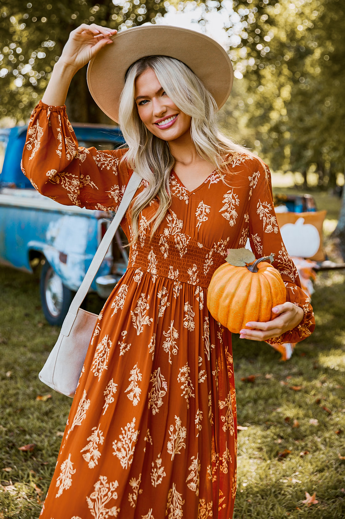 Cupshe Burnt Orange Floral Blouson Sleeve Smocked Waist Maxi Dress