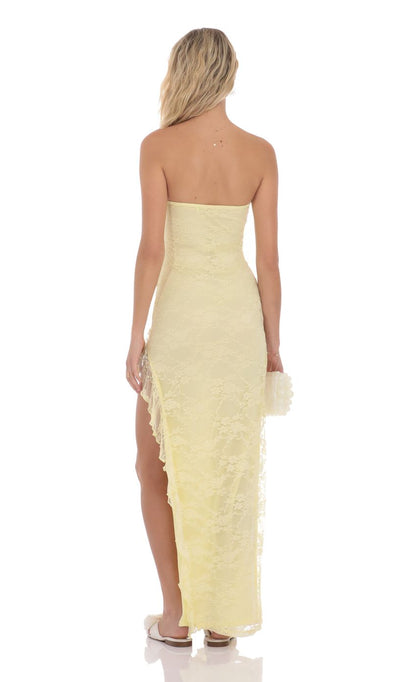 Lucy In The Sky Lace Ruffle Slit Maxi Dress in Yellow