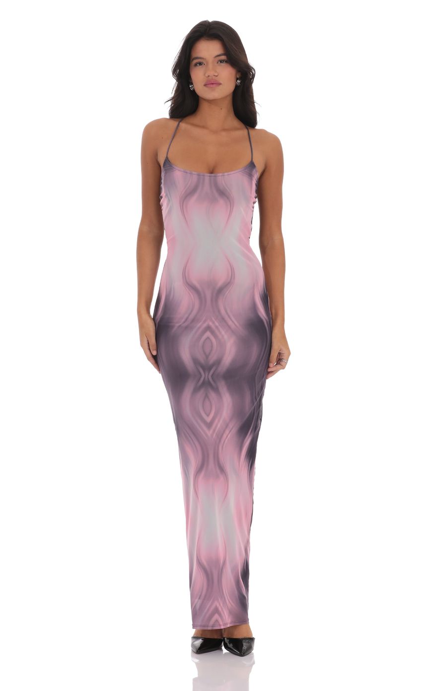 Lucy In The Sky Mesh Print Bodycon Maxi Dress in Pink