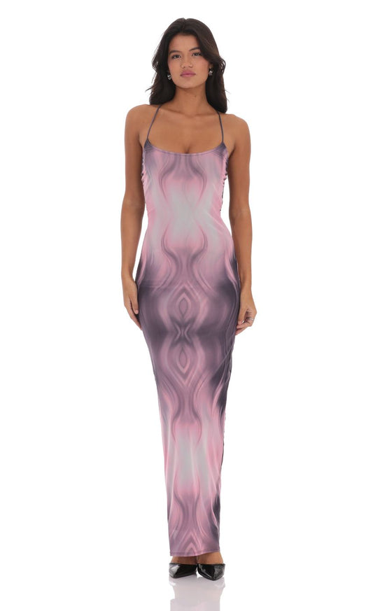 Lucy In The Sky Mesh Print Bodycon Maxi Dress in Pink