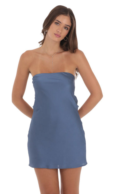 Lucy In The Sky Satin Pearl Open Back Dress in Slate Blue