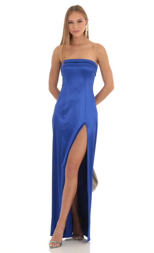Lucy in the Sky Satin Pleated Strapless Maxi Dress in Royal Blue