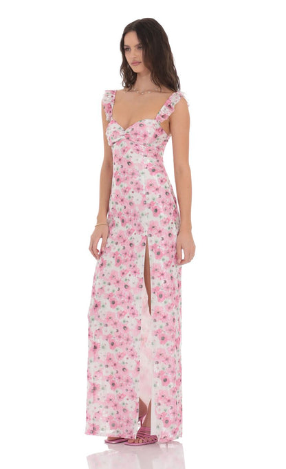 Lucy in the Sky Lace Floral Ruffle Sleeve Maxi Dress in Pink and White