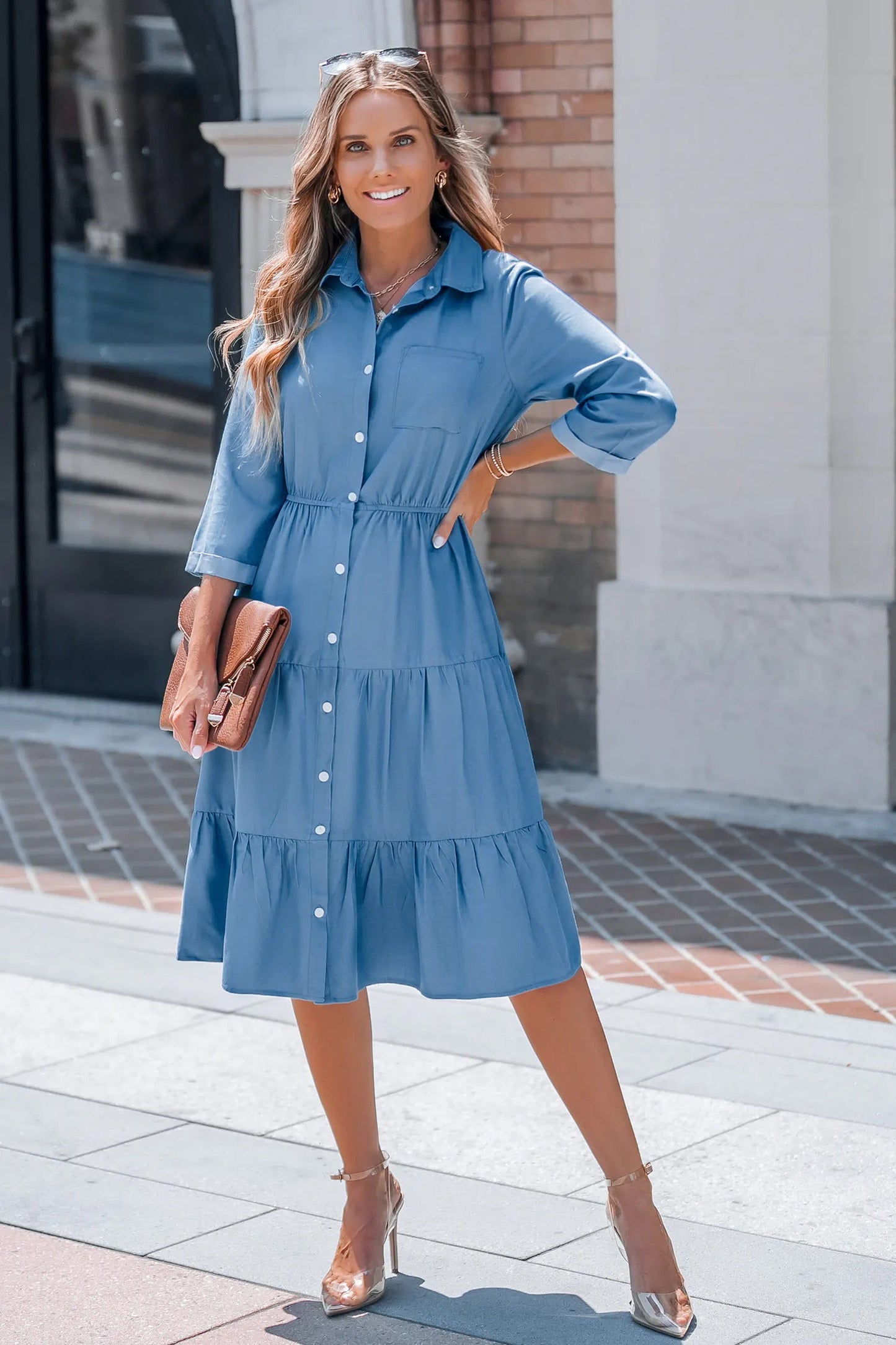 Cupshe Blue Collared Front Button Half Sleeve Midi Dress(X2)