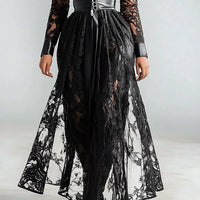 Ursime PU Leather Lace Splicing Deep V Neck Maxi Dress