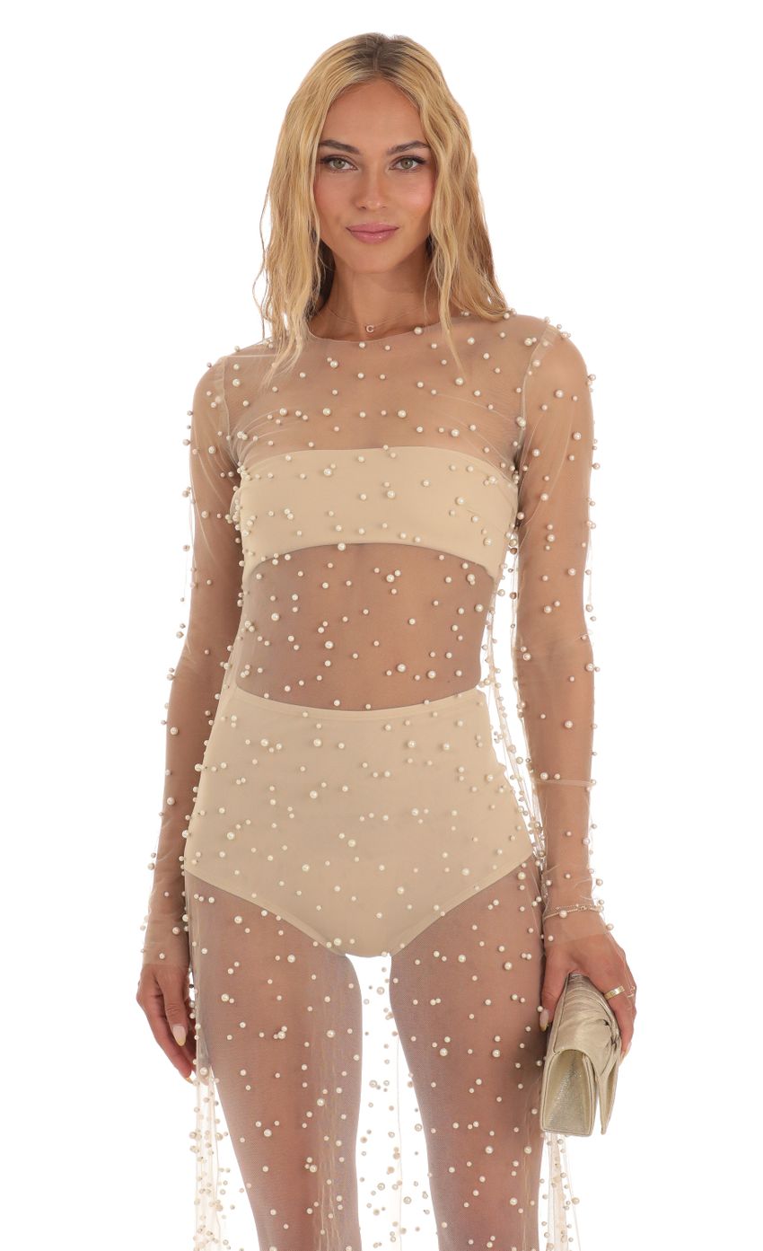 Lucy in the Sky Pearl Mesh Dress in Beige