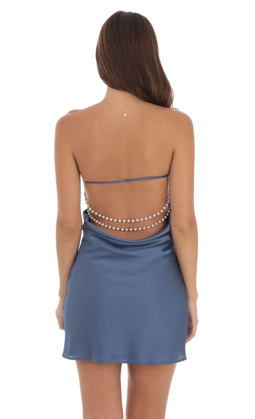 Lucy In The Sky Satin Pearl Open Back Dress in Slate Blue