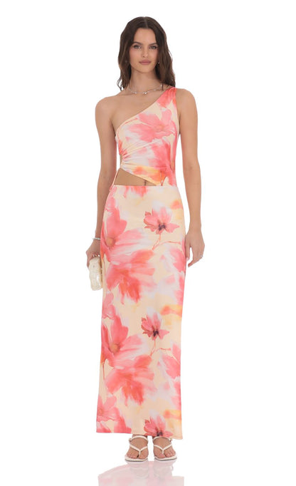 Lucy In The Sky Floral One Shoulder Cutout Maxi Dress in Orange