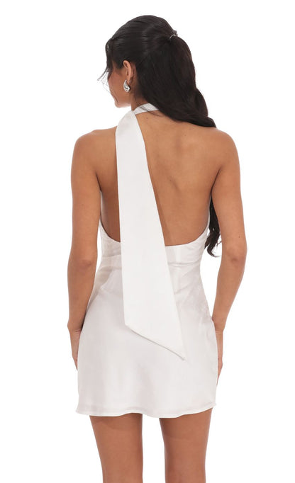 Lucy In The Sky Satin Jacquard Scarf Halter Dress in White