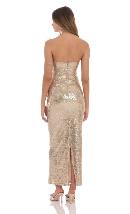 Lucy In The Sky Sequin Bow Cutout Maxi Dress in Gold