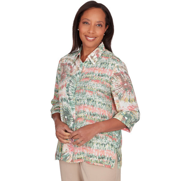 Alfred Dunner Women's Sunset Tie Dye Button Down Blouse