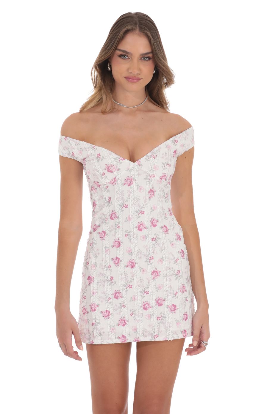 Lucy In The Sky Off Shoulder Lace Floral Dress in White