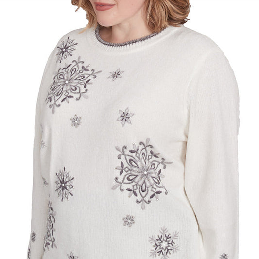 Alfred Dunner Women's Snowflake Embroidered Chenille Sweater