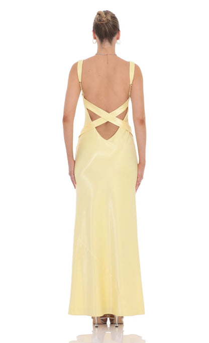 Lucy In The Sky Satin Open Back Maxi Dress in Yellow