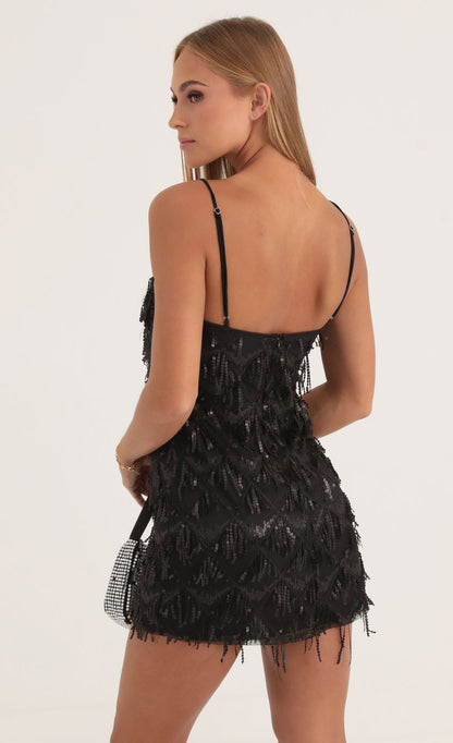 Lucy In The Sky Tulle Sequin Fringe Dress in Black