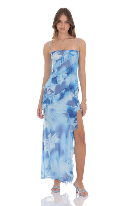 Lucy In The Sky Floral Ruffle Mesh Square Neck Maxi Dress in Blue