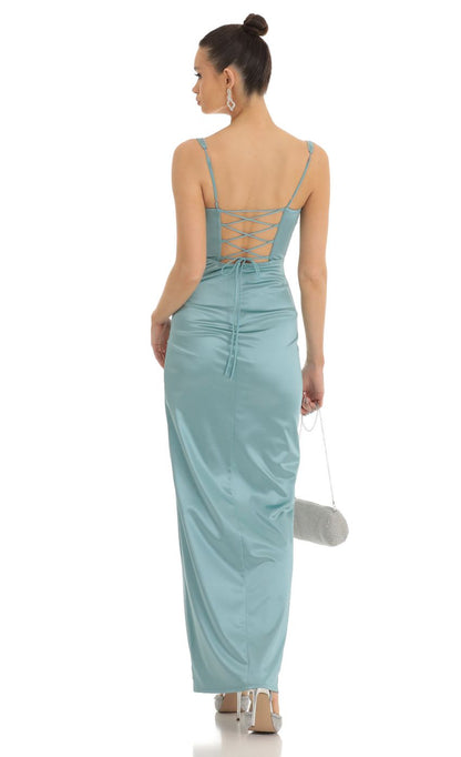 Lucy in the Sky Satin Rhinestone Maxi Dress in Teal