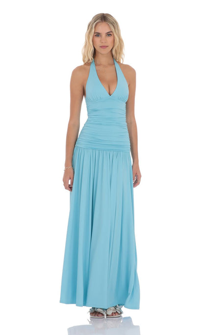 Lucy In The Sky Halter Drop Waist Maxi Dress in Aqua Blue