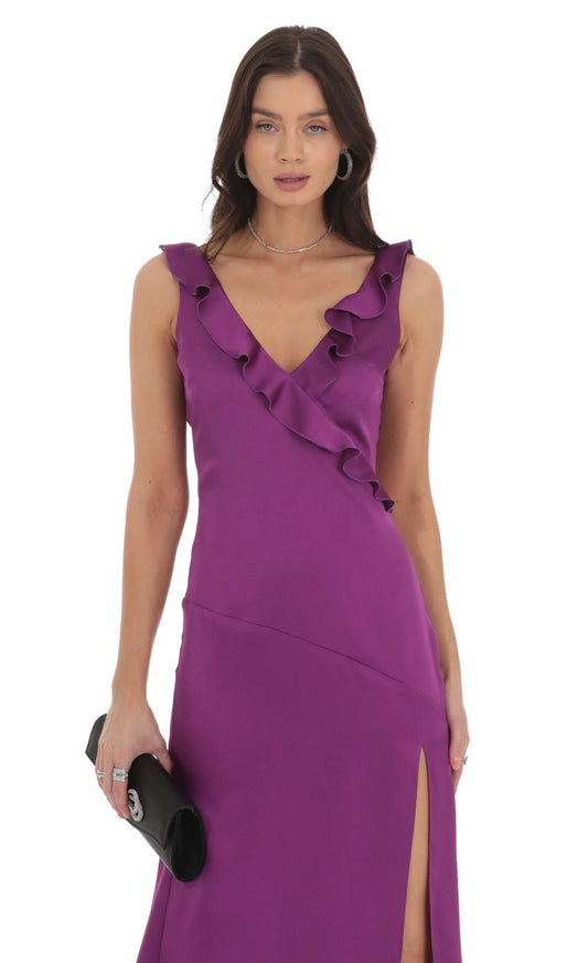 Lucy In The Sky Satin V-Neck Open Back Maxi Dress in Purple