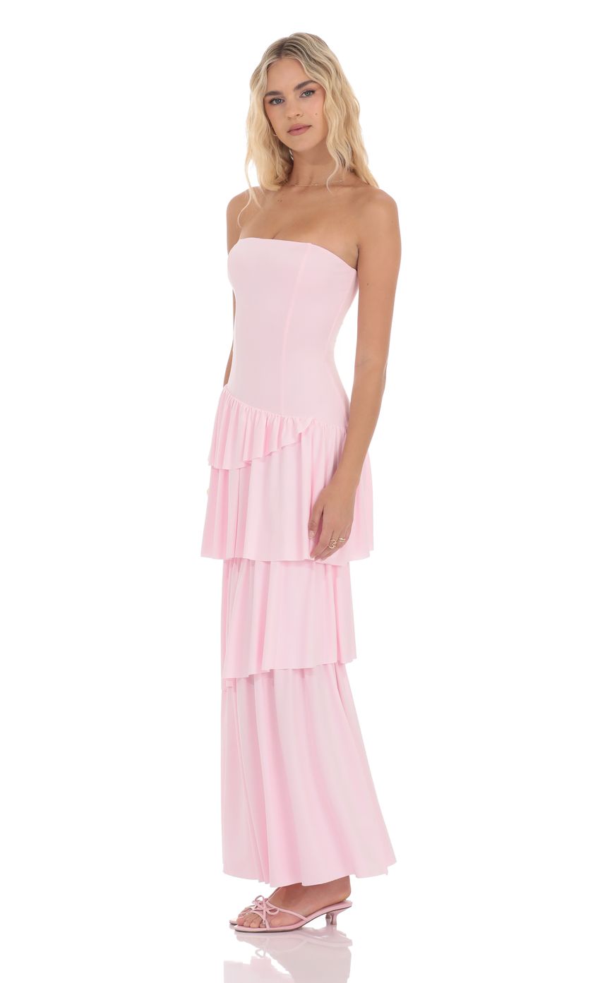 Lucy In The Sky Strapless Asymmetrical Ruffle Maxi Dress in Pink
