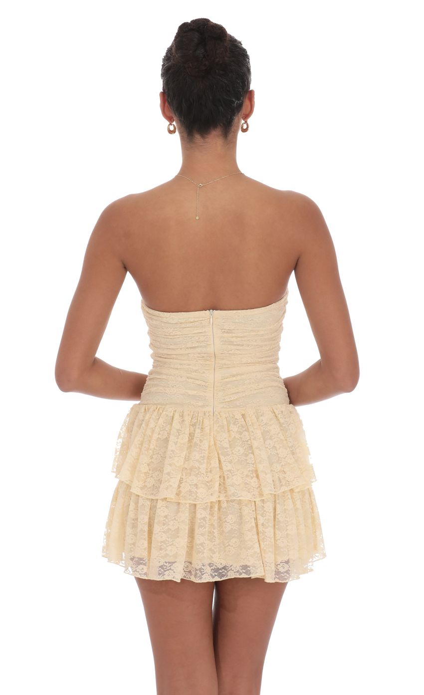 Lucy In The Sky Lace Strapless Ruched Ruffle Dress in Beige