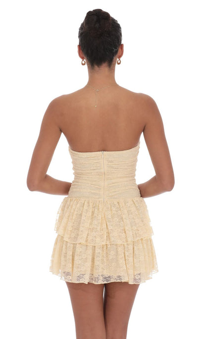 Lucy In The Sky Lace Strapless Ruched Ruffle Dress in Beige