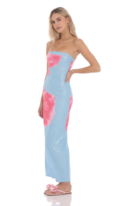 Lucy In The Sky Floral Sequin Strapless Maxi Dress in Blue