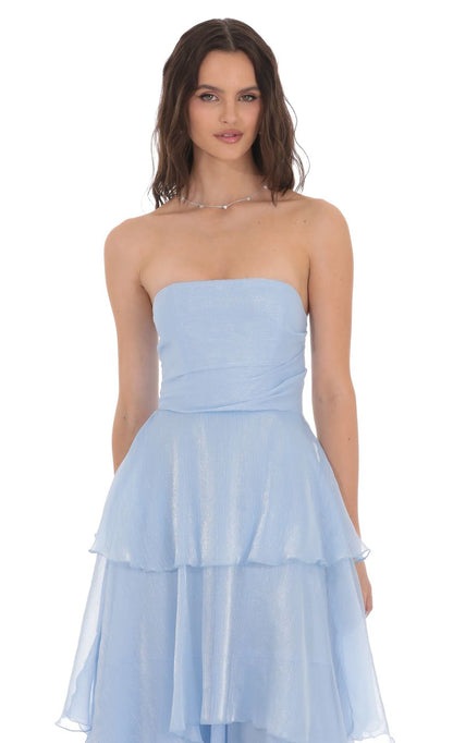 Lucy In The Sky Corset Ruffle Strapless Maxi Dress in Sky Blue