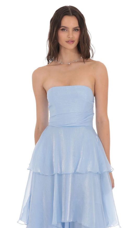 Lucy In The Sky Corset Ruffle Strapless Maxi Dress in Sky Blue