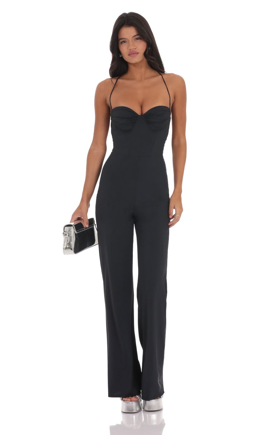 Lucy In The Sky Open Back Bodycon Jumpsuit in Black