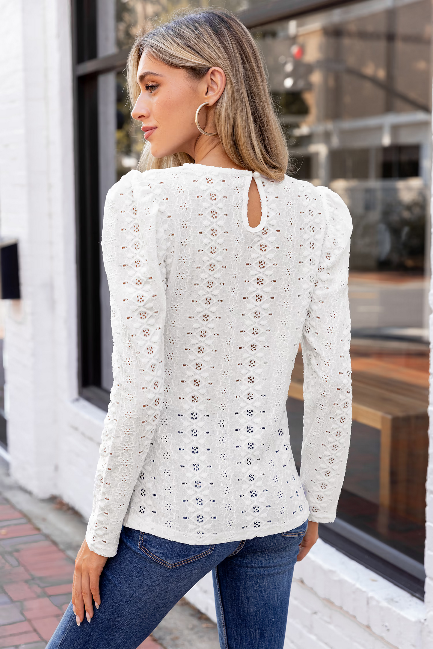 Cupshe Ivory Puff Shoulder Long Sleeve Perforated Top (x2)