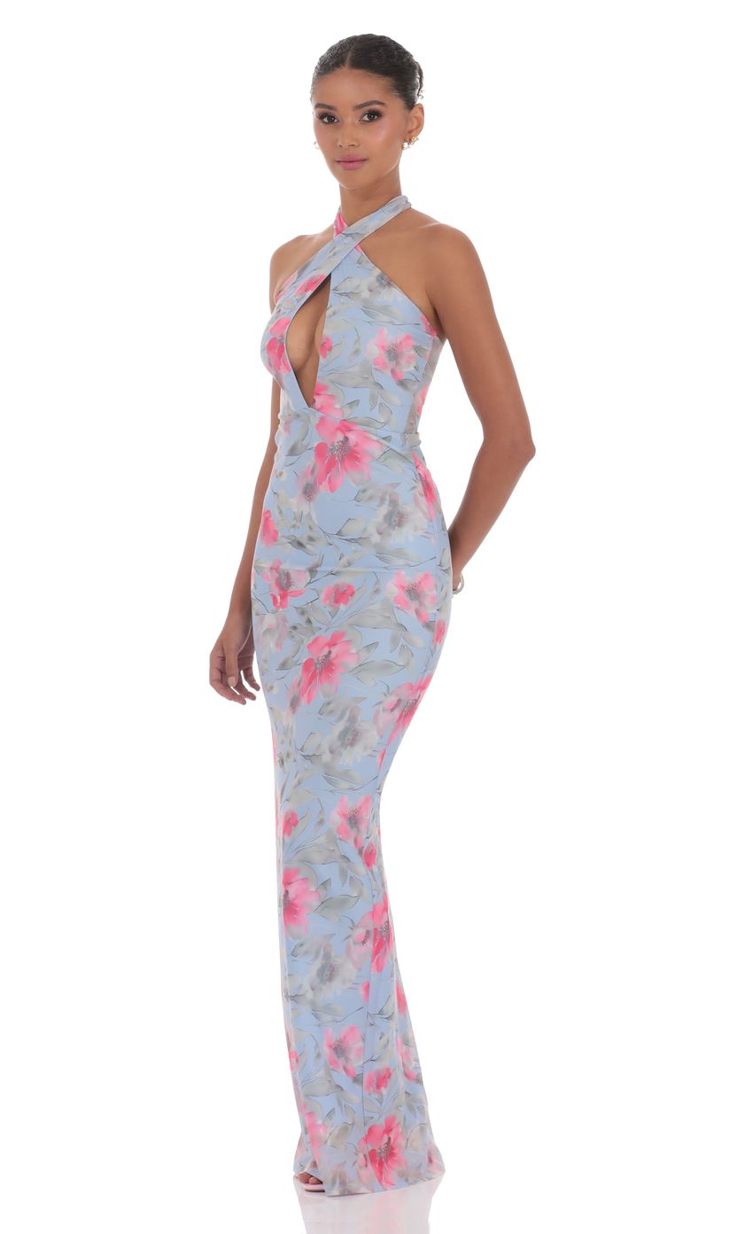 Lucy In The Sky Floral Cutout Halter Maxi Dress in Blue