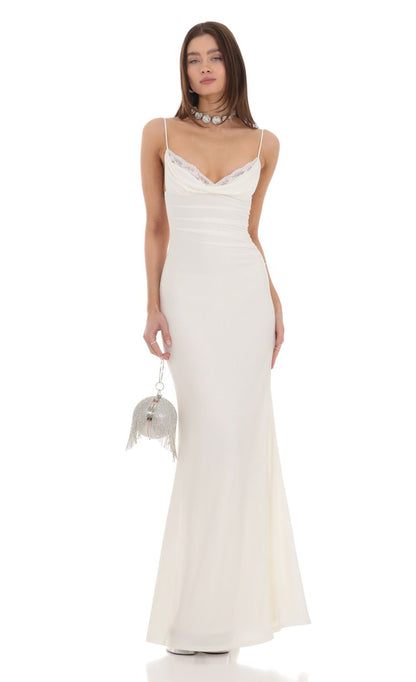 Lucy in the Sky Cowl Neck Mermaid Maxi Dress in White