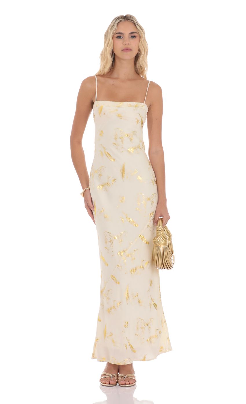 Lucy In The Sky Butterfly Foiled Open Back Maxi Dress in Cream