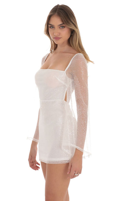 Lucy In The Sky Sequin Flare Sleeve Dress in White
