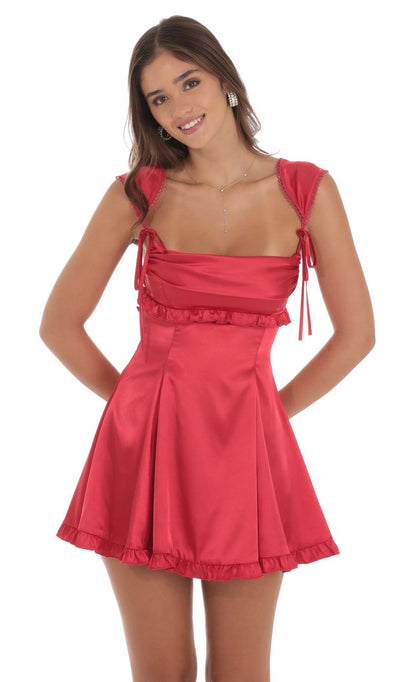Lucy In The Sky Satin Cap Sleeve Dress in Red