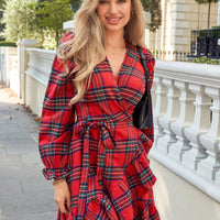 Cupshe Red Plaid Blouson Sleeve Ruffle Cuff Wrap Mini Dress (x2)