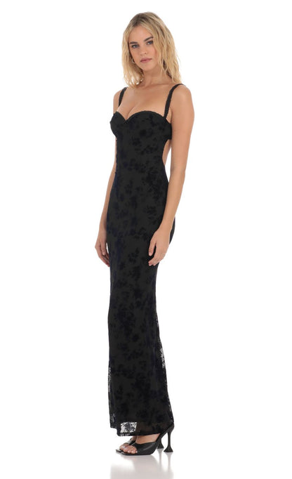 Lucy In The Sky Mesh Velvet Floral Maxi Dress in Black