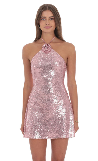 Lucy In The Sky Sequin Florette Halter Dress in Pink