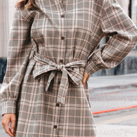 Cupshe Taupe Plaid Collared Long Sleeve Mini Shirt Dress