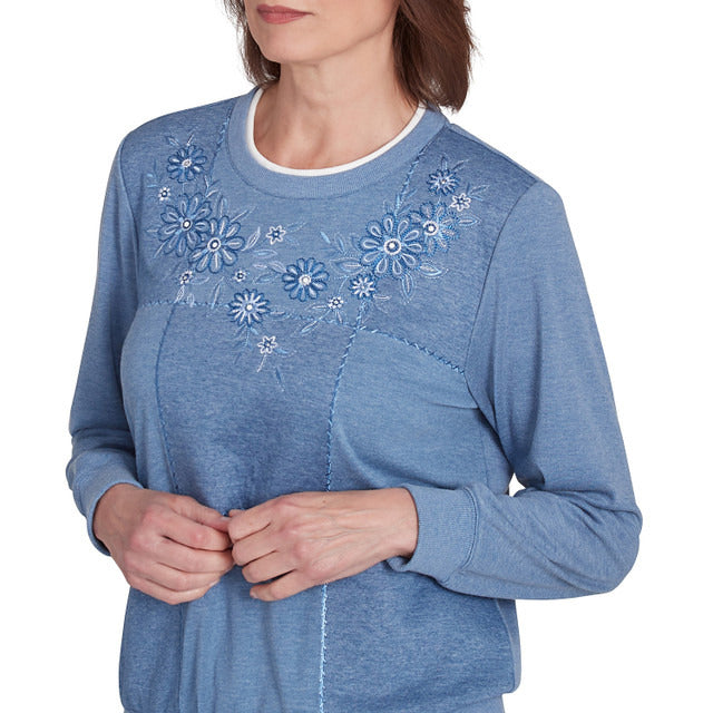 Alfred Dunner Women's Embroidered Boxes Cozy Crew Neck Top