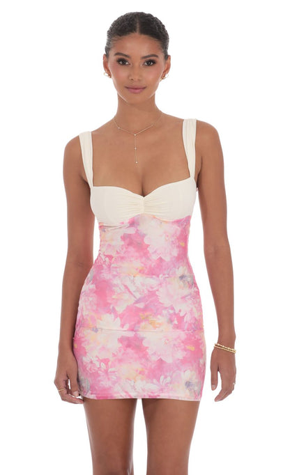 Lucy In The Sky Two-Tone Floral Mesh Bodycon Dress in Pink