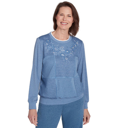 Alfred Dunner Women's Embroidered Boxes Cozy Crew Neck Top